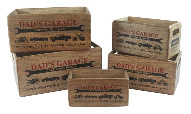 Set Of 5 Mango Wood "Dad's Garage" Crates